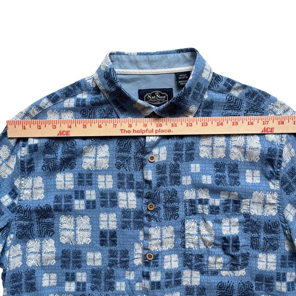 Nat Nast Men SS Button Shirt 70% Silk 30% Cotton Blue White Geometric L - Picture 6 of 11